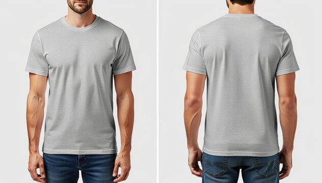 Unisex Gray T-shirt: A minimalist, gray t-shirt, front and back view, designed to be versatile for everyday wear. showcasing modern simplicity, suitable for any casual or active scenario.