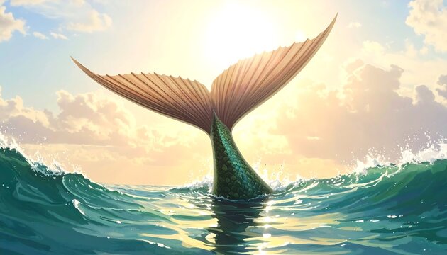 A mermaid's tail in the ocean with sun shining through clouds