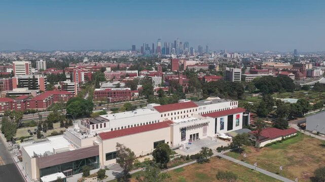 Close-up panning aerial shot of the Natural History Museum at Exposition Park in Los Angeles, California. 4K