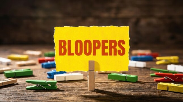 Colorful clothespins surround a yellow sign with the word bloopers on a wooden surface