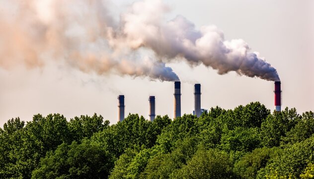 Industrial Emission: A stark image of industry releasing emissions into the atmosphere, highlighting the environmental impacts of human activities on a background of green trees.