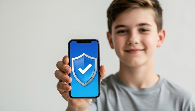 Mobile security in Young Hands: A smiling youth proudly showcases a smartphone featuring a prominent shield icon with a checkmark, emphasizing digital safety and security.