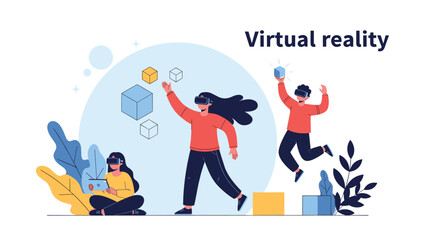 Fototapeta premium Group of diverse people experiencing immersive virtual reality technology using headsets and interacting with floating digital 3D cubes.