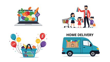 Naklejka premium Collection of four icons representing online grocery shopping, home delivery, family shopping, and a basket with budget balloons.
