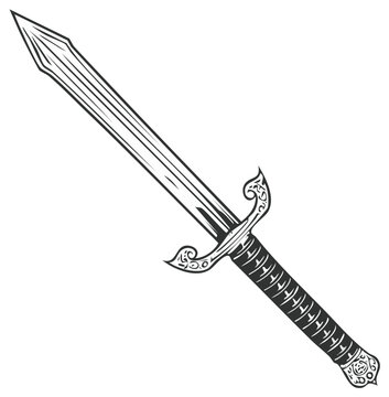 Vintage monochrome illustration of a medieval fantasy sword with an ornate hilt and blade