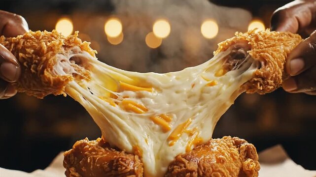 Hands pulling apart fried chicken wings and legs with melted cheese
