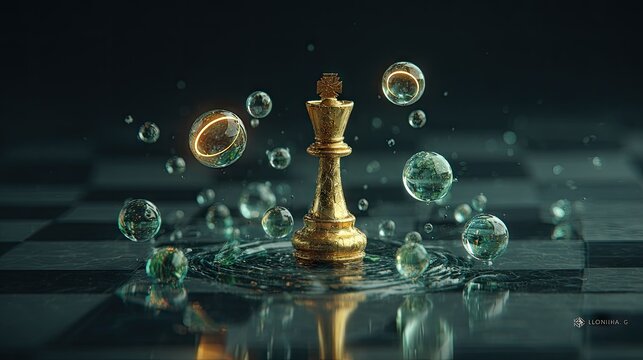 Glistening golden regal game piece stands amidst floating liquid spheres on a dark checkered board
