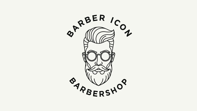 Vintage style barber shop logo design featuring a man with a stylish beard moustache and glasses in a black line art circle.