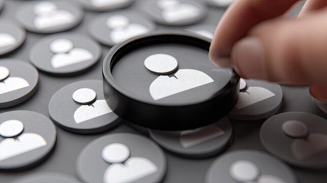 Human hand selects a distinct profile marker from a collection of identical icons representing people