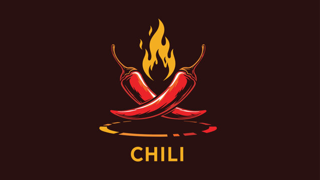 Spicy chili logo design featuring two crossed red peppers with bright orange flames against a dark brown background for a food brand.