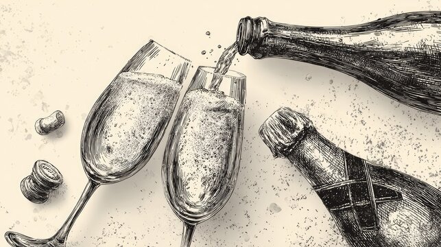 Effervescent sparkling beverage flows from a bottle into two flutes creating a celebratory scene