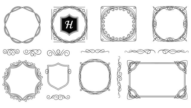 Large collection of vintage ornamental frames, dividers, and fleurons in black line art for classic graphic design projects.