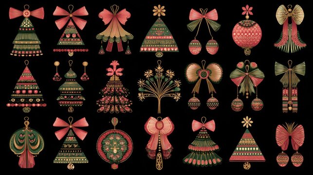 Collection of ornate, traditional holiday decorations featuring stylized trees and elaborate bows displayed on a dark background.
