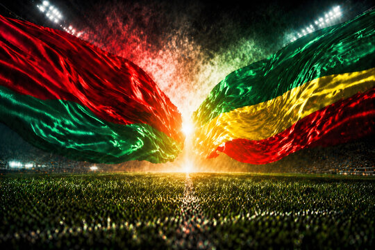 A dramatic vibrant depiction of the burkinab and malian flags waving intensely against a dark stadium background