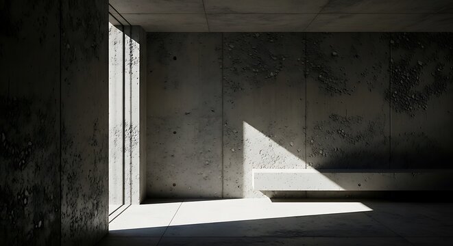Minimalist brutalist concrete interior with dramatic geometric sunlight and shadow play across a plain wall and floor, showcasing architectural austerity