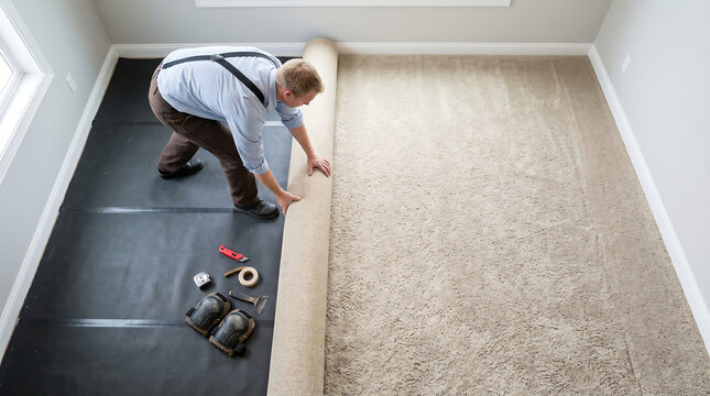Professional flooring installer unrolling new carpet on room floor with tools for home renovation and interior improvement project