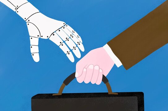 A Robot hand takes a briefcase from a human hand