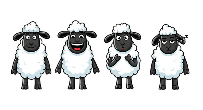 Cartoon-style sheep with different facial expressions, reminiscent of the character "Shaun the Sheep." They represent different states of mind: normal, happy, surprised, and sleeping. Transparent back