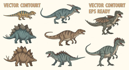 Collection of various dinosaur illustrations in different poses. © Sedap