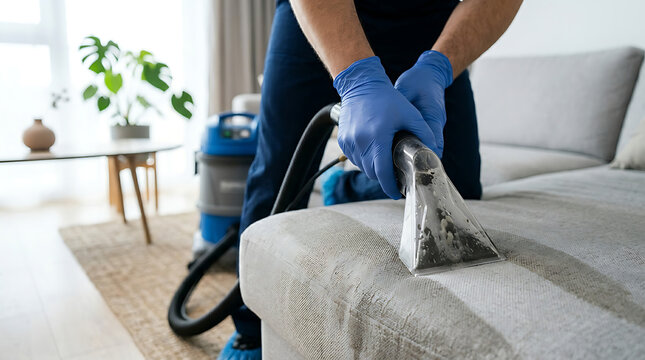 Professional worker performing deep cleaning and stain removal on a light fabric sofa using a specialized extraction machine for home furniture sanitation service