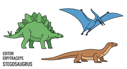 Three different dinosaurs and a pterodactyl illustration. © Sedap