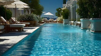 Fototapeta premium A pixelated image of a swimming pool with lounge chairs and umbrellas