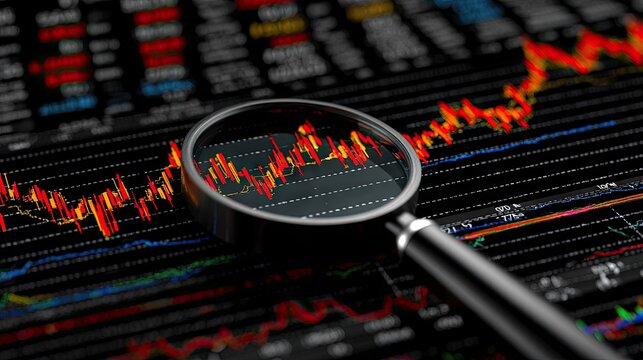 Magnifying glass examines fluctuating financial data displayed on a digital screen