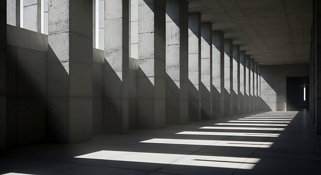 A long corridor with strong geometric shadows cast by pillars, highlighting the stark architectural design of a brutalist building