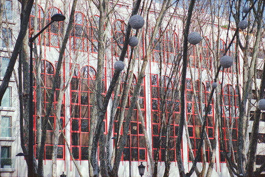 Red Window Grid Facade