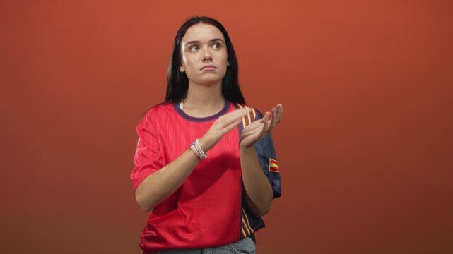 Woman clapping hands in red spain soccer jersey and bracelet, looking upward against an orange studio backdrop; team pride.