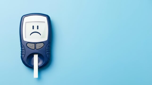 A digital glucometer with a sad face emoji displayed on its screen rests with a test strip inserted on a bright blue surface diabetes blood glucose medical health monitoring