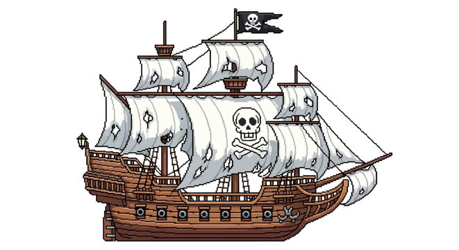 A detailed illustration of a pirate ship sailing the high seas.