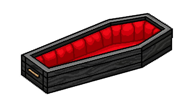 An empty coffin with red velvet lining and wooden exterior.