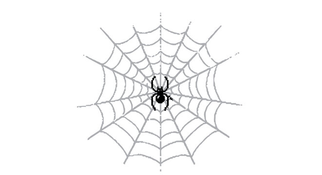 A detailed illustration of a black spider on a white spiderweb.