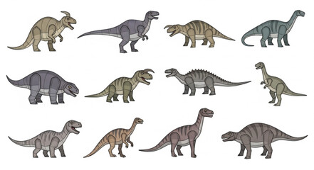 Collection of diverse dinosaur illustrations in various poses. © Suker
