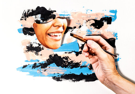 Analog collage, happy woman with makeup brush and hand