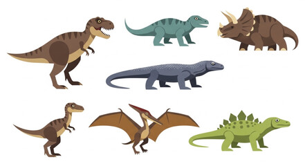 Collection of various dinosaur illustrations on white background. © Suker