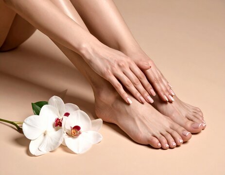 Elegant Smooth Female Legs With Manicured Hands Posing For Beauty Spa And Skincare Concept