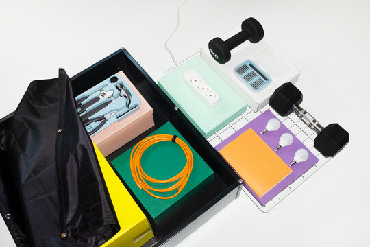 Working and building tools, equipment and stuff on a colourful surface