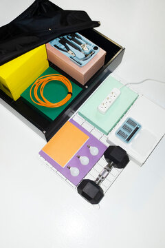 Working and building tools, equipment and stuff on a colourful surface