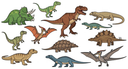 Collection of various cartoon dinosaurs in different poses and sizes. © Suker