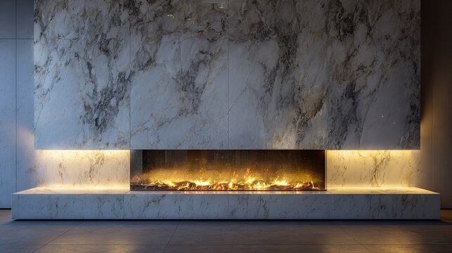 Minimalist modern living space showcases a wide linear fireplace recessed into a dramatic marble wall feature