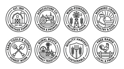 Obraz premium Agriculture vintage farm emblems with barn tractor windmill wheat and chicken for heritage farming business.