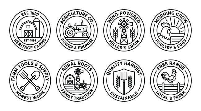 Agriculture vintage farm emblems with barn tractor windmill wheat and chicken for heritage farming business.