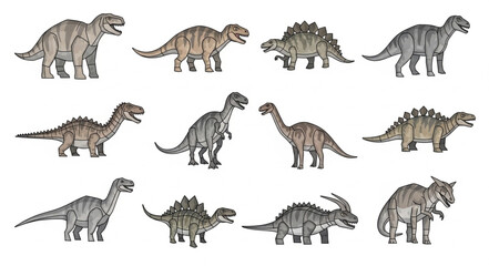 Collection of diverse dinosaur illustrations on white background. © Suker