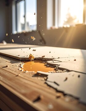 A broken ceiling with debris scattered around