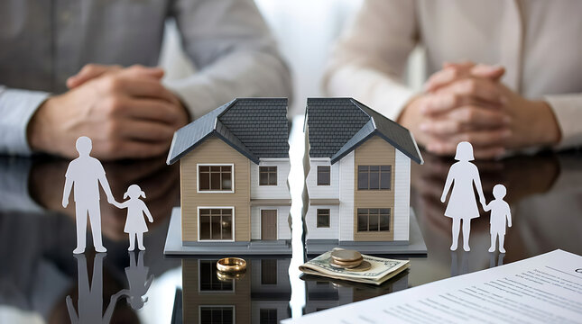 divorce settlement concept with broken model house and paper family figures on table representing legal separation assets division and child custody conflict