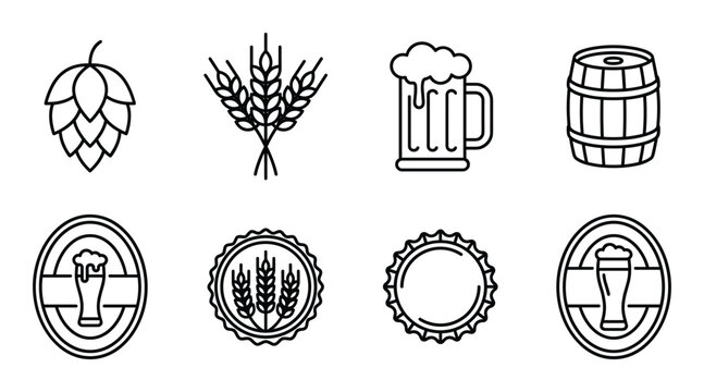 Collection of brewing icons including hop cone wheat barley beer mug and barrel on transparent background.