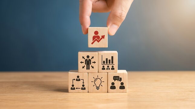 A hand places a wooden block with a rising graph icon on a pyramid of blocks symbolizing business strategy teamwork and innovation growth success planning corporate management