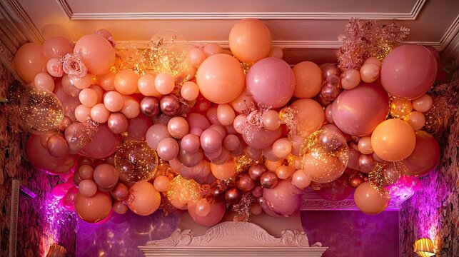 Extravagant balloon installation features shades of peach, pink, and gold illuminating a room's upper section